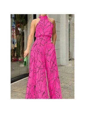 Halter Neck Abstract Print Wide Leg Jumpsuit